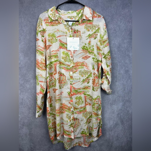 CYNTHIA ROWLEY Linen Surfer Tropical  Beach Camp Cap Sleeve Shirt Dress Size L - Picture 1 of 9